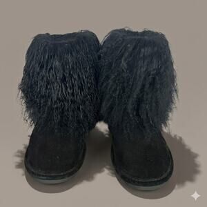 Bearpaw Womens 9 Black Boo Curly Lamb‎ Real Fur Suede Cozy Winter Snow Boots